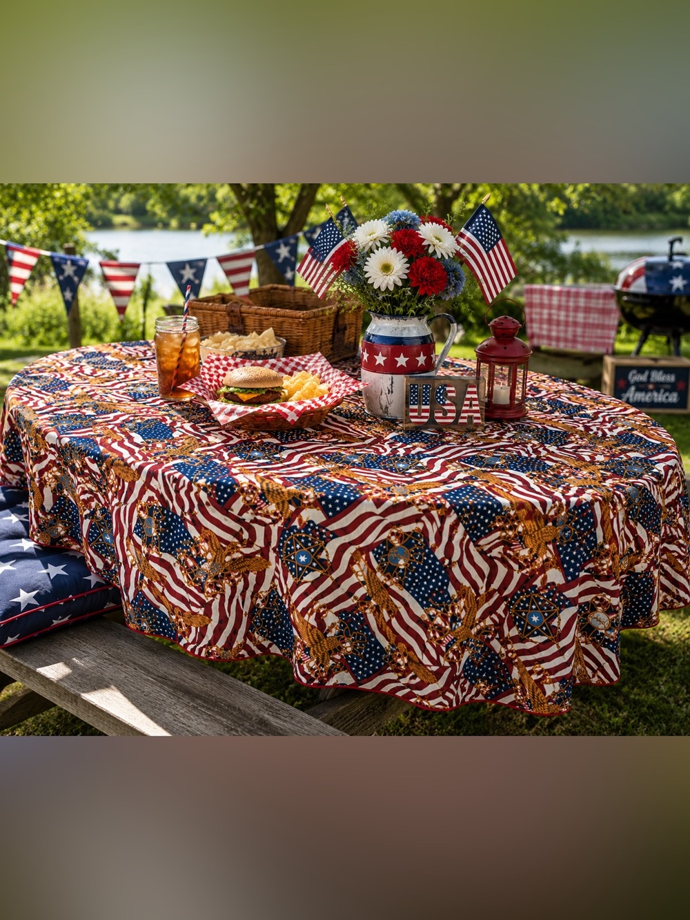 Vintage Patriotic Oval Tablecloth 60x84 USA Flag Eagle Military Medallion Cotton